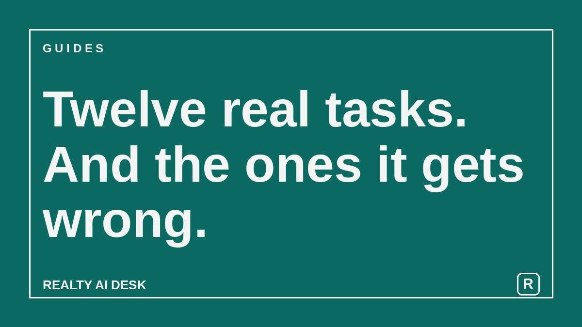 Article cover: teal card reading "Twelve real tasks. And the ones it gets wrong." from Realty AI Desk