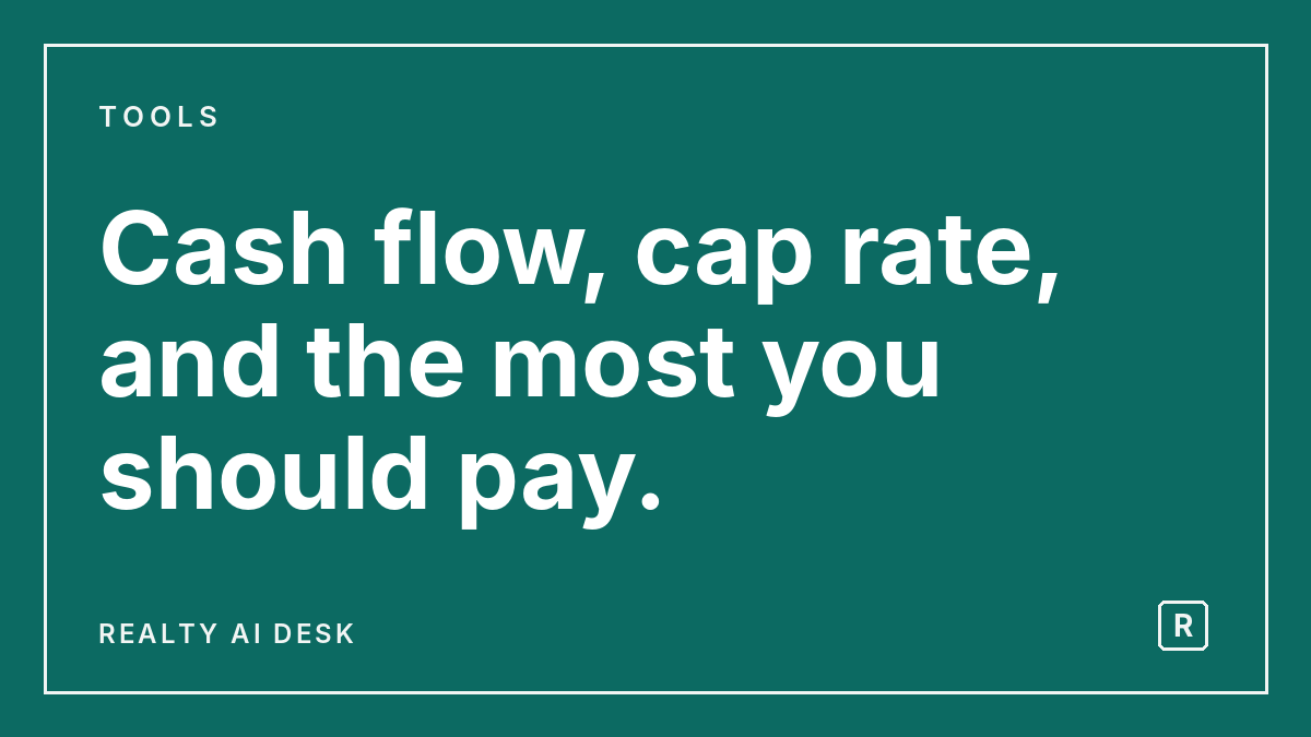 Card reading "Cash flow, cap rate, and the most you should pay." Cover image for the guide on the rental property calculator.